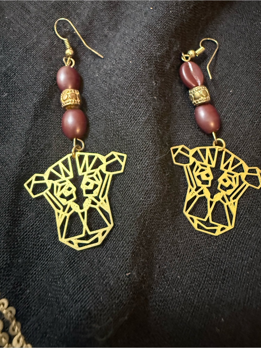 Gold Geometric Leopard Head Earrings with Maroon Beads